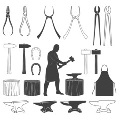 Set of vintage blacksmith icons and design elements - obrazy, fototapety, plakaty