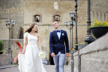 just married couple bride and groom smiling in wedding day