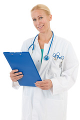 Physician with blue clipboard