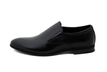 Black patent leather men shoes against white background. Male