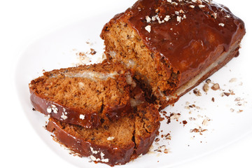 Honey cake with banana cream, caramel decor