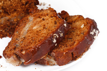 Honey cake with banana cream, caramel decor