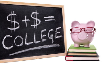 Piggy Bank or piggybank with college fund savings or fees chart written on smaill blackboard...