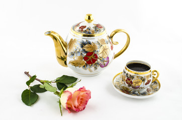 Porcelain coffee set (cup and jug) with rose flower