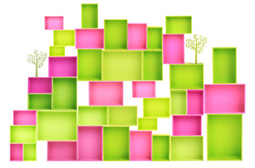Multicoloured wooden boxes and decorative metal trees isolated