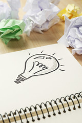 Symbol of idea as light bulb in notebook with crumpled paper