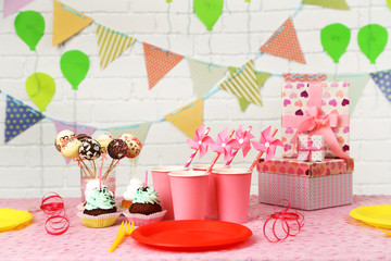 Obraz na płótnie Canvas Prepared birthday table for children party