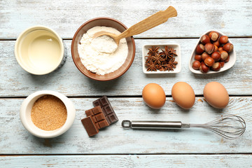 Food ingredients and kitchen utensils for cooking
