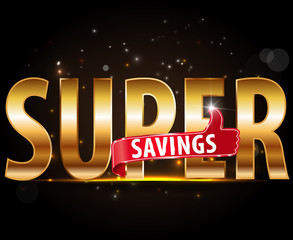 Super savings design, golden typography with thumbs up sign