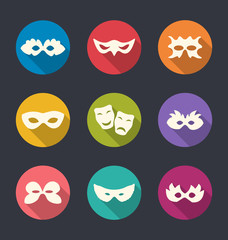Set flat icons of Carnival or theatre masks with long shadows
