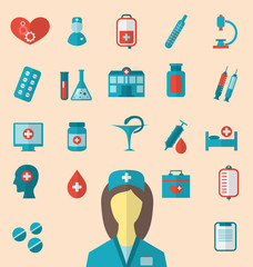 Set trendy flat icons of medical elements and nurse