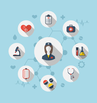 Set trendy flat icons of medical elements and nurse