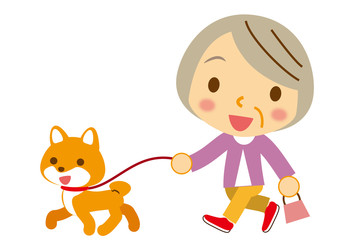 お散歩　ワンちゃんとお婆ちゃん