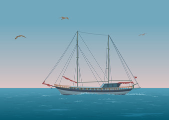 Fototapeta premium Sailboat in the sea and birds