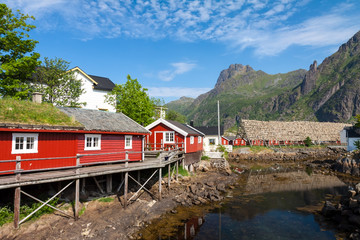 Typical red rorbu fishing hut in town of Svolvaer