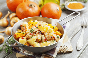 Chicken stew with pumpkin, potatoes and spices