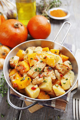 Chicken stew with pumpkin, potatoes and spices