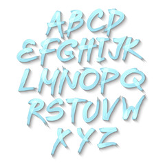 Handwritten blue watercolor alphabet symbols. Vector