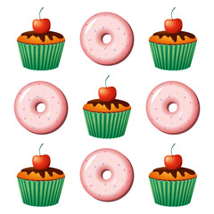 Donut and cake color vector illustration.