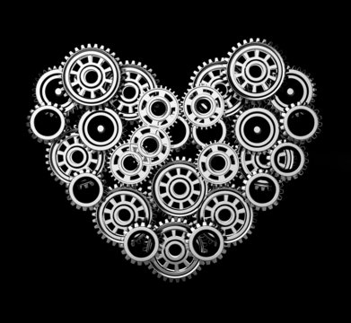 gears in heart shape isolated on black background. 3d render