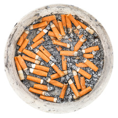 many cigarette ends in plastic ashtray isolated