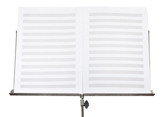 Naklejka premium blank double pages of music book on stand close up