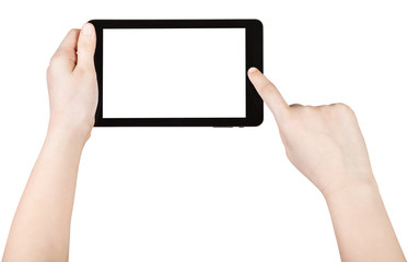 child using tablet pc with cut out screen