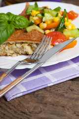 Freshly baked traditional Russian homemade pie with potatoes and