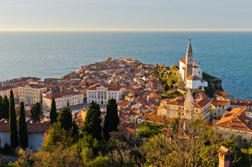 Panoramic view of adriatic sea and city of Piran in Istria - obrazy, fototapety, plakaty