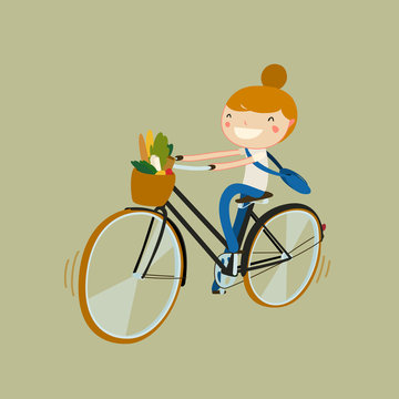 girl riding bike with vegetarian food.  vector illustration