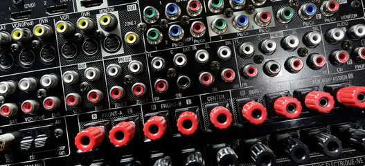 Close up of rear end of music amplifier