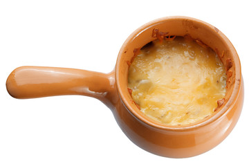 Roast with vegetables, meat and cheese in pottery. isolation