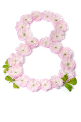 pink flowers in  shape of number eight on white background