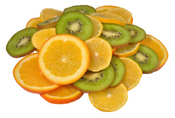 Heap of orange, lemon and kiwi slices on a white