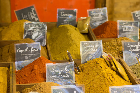 Assortment of colored kitchen spices powder