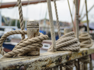 Ropes on the side of old sailing ship