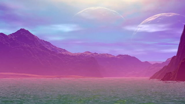 3D rendered fantasy alien planet. Rocks and lake