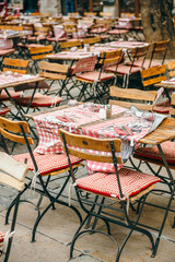 Cafe tables in French city of Lyon, France