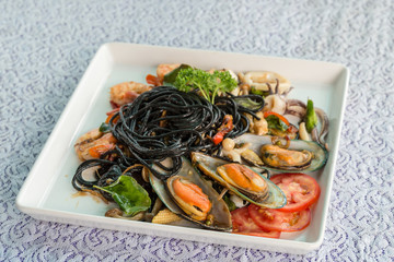 Black spaghetti in spicy sea food