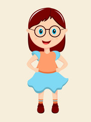 Cartoon of a cute smiling girl in stylish pose.