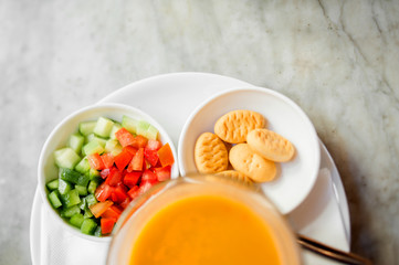 Japanese pumpkin orange soup, salad and bread