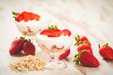 Juicy and healthy strawberries with breakfast cereals for breakf