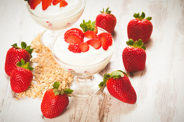 Juicy and healthy strawberries with breakfast cereals for breakf