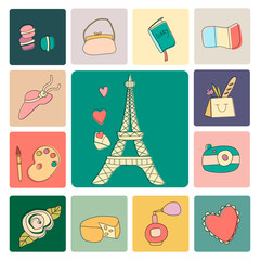 Paris icons. Vintage vector illustration set.