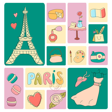 Paris icons. Vintage vector illustration set.