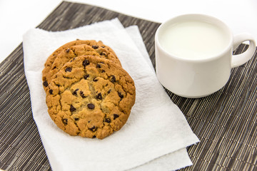 chocolate chip cookies and cup of milk