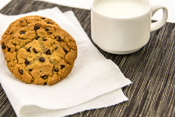 chocolate chip cookies and cup of milk