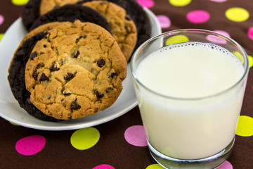 chocolate chip and chocolate cookies around glass of milk