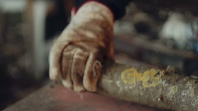 Man chopping firewood with circular saw. Slow motion
