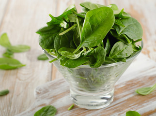Spinach leaves in glass bowl.